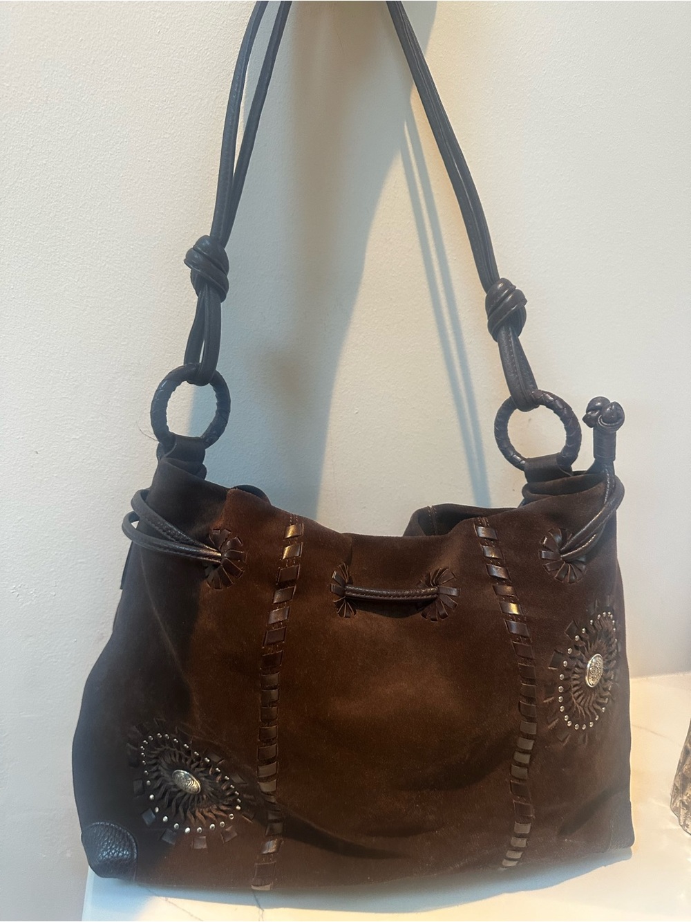 Brighton Brown Suede Women’s Shoulder Bag with Stud Details - Picture 3 of 12